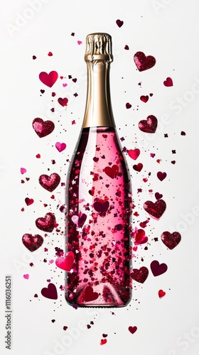 Sparkling rose wine bottle surrounded by heart shaped decorations for a roman...