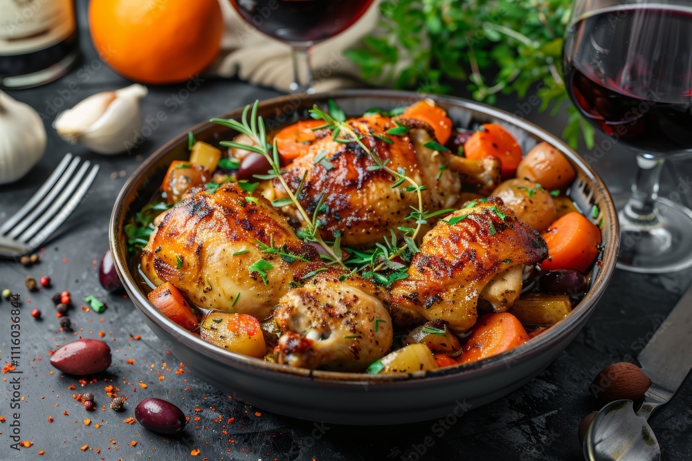 Red wine-braised chicken with vegetables, a rich and flavorful dish Red wine-braised chicken with vegetables, a rich and flavorful dish