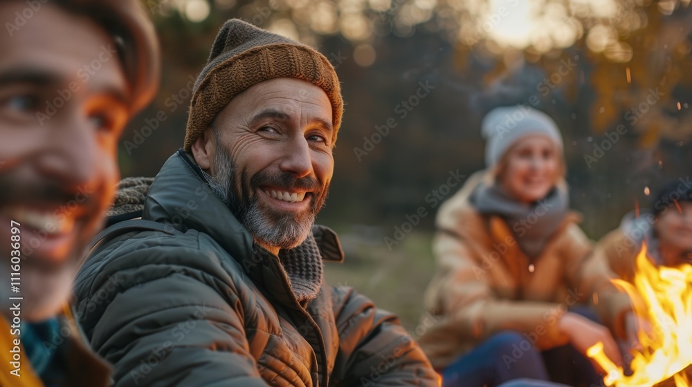 A group Of people enjoying a bonfire in the woods with One man in the foreground smiling at the camera. A group Of people enjoying a bonfire in the woods with One man in the foreground smiling at the camera.