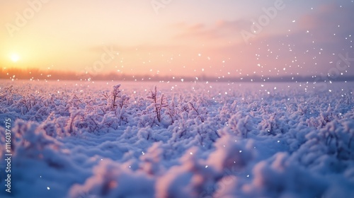 Snowy landscape with gentle hills under a twilight sky filled with falling sn...