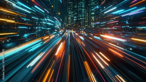 City night, light trails, speed, motion blur.