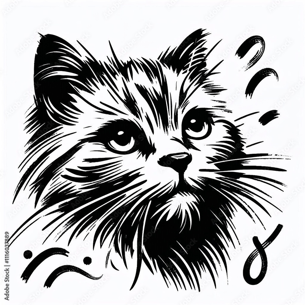 Illustration of a cat's face in black and white with expressive features in a bold, artistic style Illustration of a cat's face in black and white with expressive features in a bold, artistic style