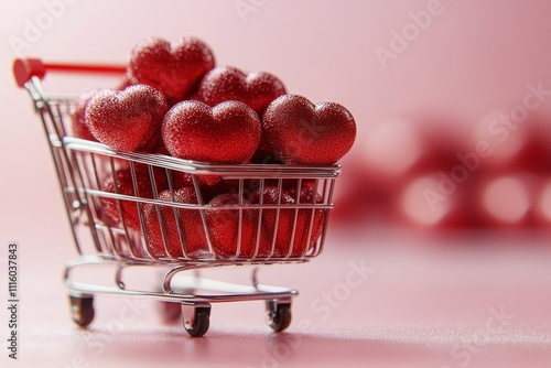 Glittering red hearts fill a shopping cart against a soft pink background dur...