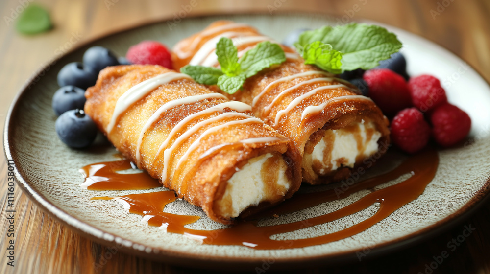 Delicious fried rolls with creamy filling, topped with caramel sauce, white topping, and fresh raspberries and blueberries. Garnished with a sprig of mint