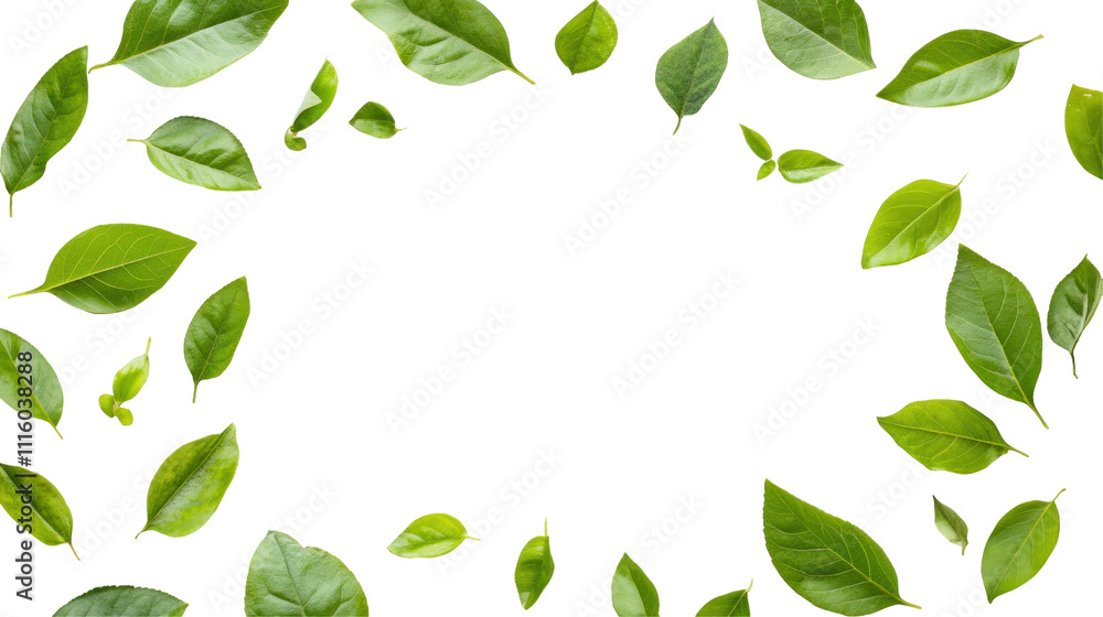 Obraz premium A circular arrangement of vibrant green leaves on a dark background, creating a natural and fresh aesthetic.