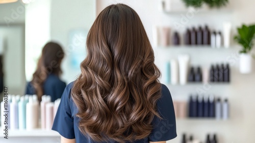 Beautiful long wavy hair showcased against a blurred golden light background