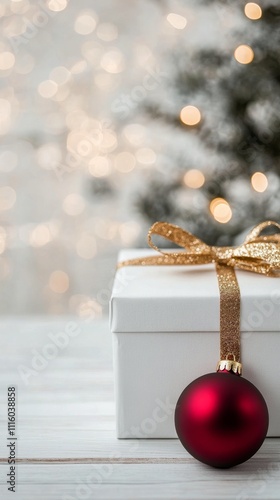 Festive red ornament on a gift box during the holiday season with blurred lights