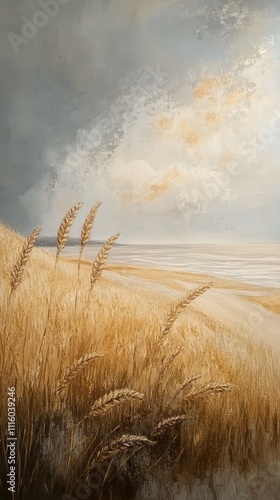 Golden wheat field under a cloudy sky at dusk with gentle breeze swaying the ...