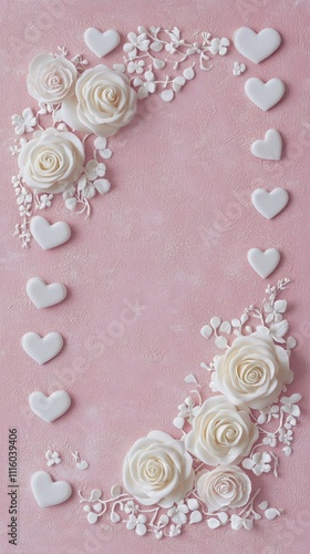 Decorative heart and rose arrangement on a pink background for celebration or...