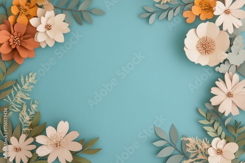 Vibrant paper flowers and leaves arranged on a blue background for decorative...