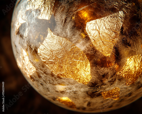 A close-up of a glass sphere with gold leaf details, highlighting its intricate texture and shine photo