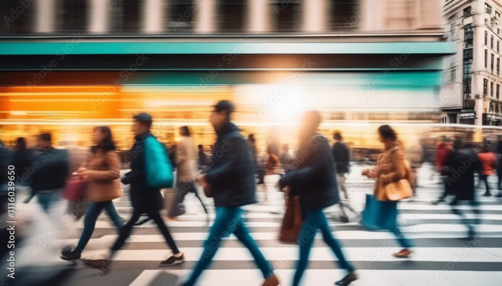 Blurred people in motion on busy bright street. Blurred people in motion on busy bright street.