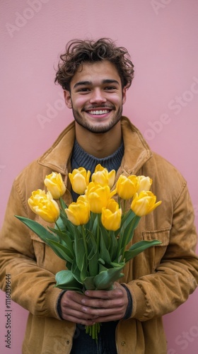 Man smiles while holding a bouquet of yellow tulips against a pink background
