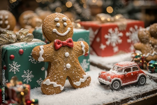 Gingerbread man next to holiday gifts and festive decorations in a cozy room