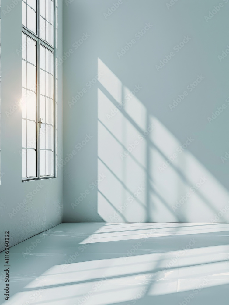 Fototapeta premium A serene interior space featuring large windows that cast soft shadows on floor, creating tranquil atmosphere. light enhances minimalist design, inviting calmness