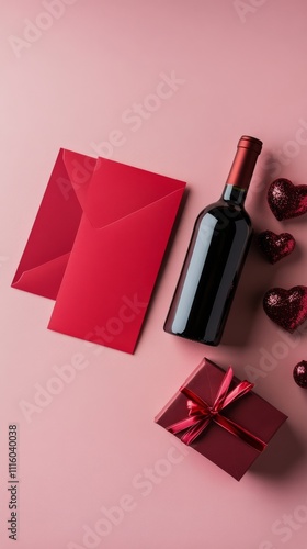 Romantic gift arrangement with red envelopes, wine bottle, and hearts on pink...
