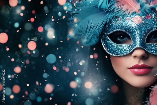 Captivating masked dancer with colorful feathers and sparkles at a festive ce...