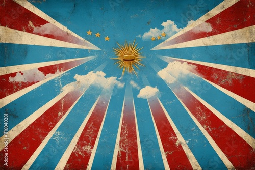 Vibrant sunburst design featuring national colors and symbols from a historic...