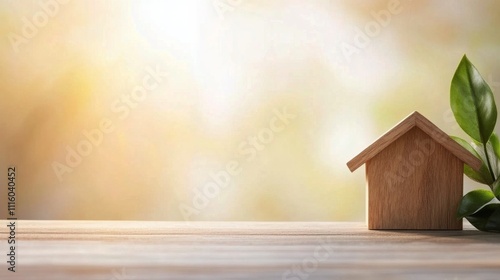 Wooden house model next to green leaves on a wooden surface in a bright natur...