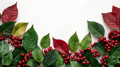 Richly colored leaves and berries create a vibrant natural border on a clean ...
