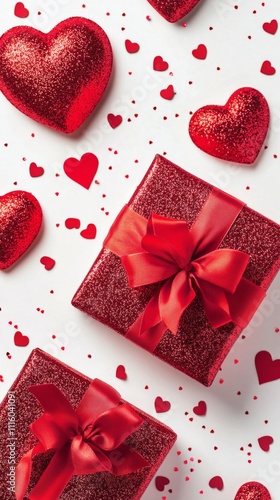 Gift box wrapped in brown paper with red ribbon and surrounded by red hearts ...