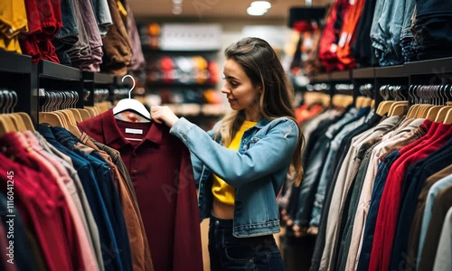 Young Cheerful Woman Choosing Clothes in a Store on Sale photo