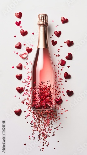 Sparkling rose wine bottle surrounded by heart shaped decorations for a roman...