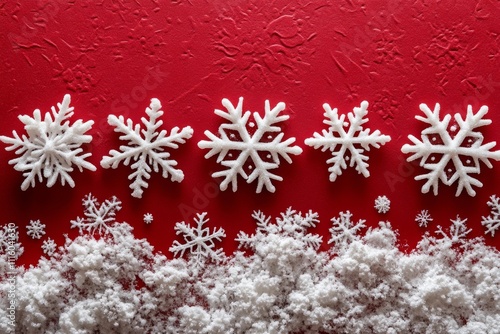 Decorative snowflakes arranged on vibrant red background for winter celebration