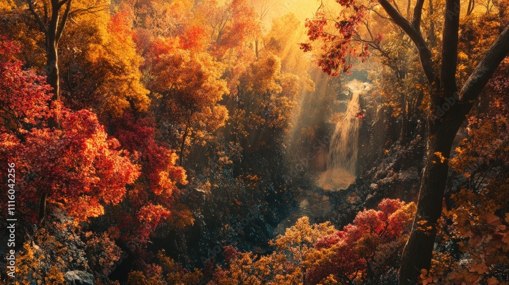 Autumnal forest waterfall, vibrant foliage. Autumnal forest waterfall, vibrant foliage.