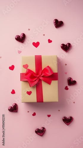 Colorful gift box adorned with red ribbon and hearts on pink background for s...