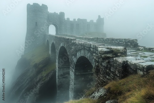 Misty ancient stone fortress bridge in a quiet mountain setting during early ...