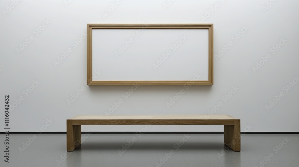 Empty wooden frame and bench in a minimalist gallery