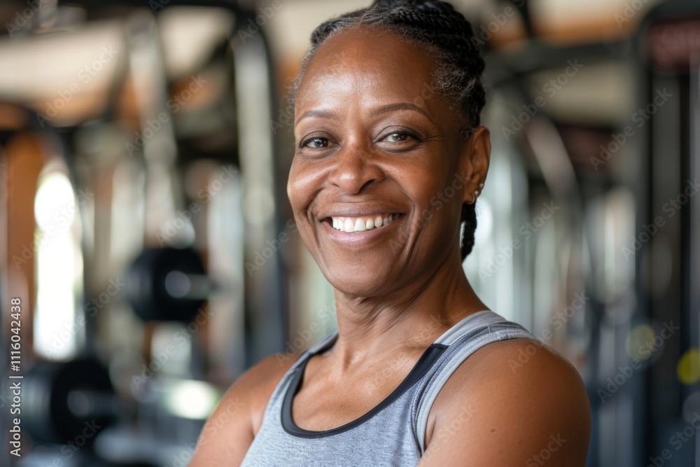 Naklejka premium Smiling portrait of a middle aged slightly overweight woman in gym