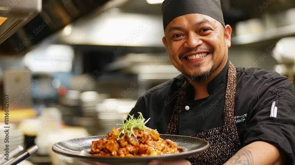 A chef smiling with pride as they present a perfectly plated dish. A chef smiling with pride as they present a perfectly plated dish.