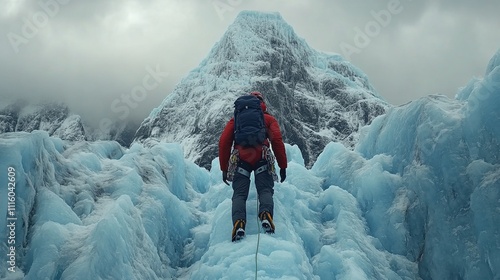 Climber ascends icy wall in icy mountain landscape during winter exploration