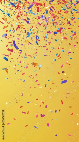 Colorful confetti falling against a bright yellow background during a celebra...