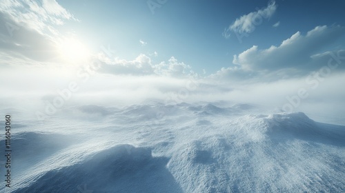 Vast snowy landscape under bright sunlight during early morning hours