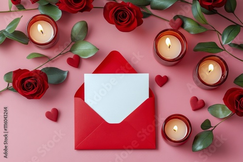 Romantic arrangement of roses, candles, and a red envelope on a pink background