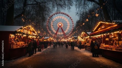 Holiday market atmosphere with lighted stalls and a Ferris wheel at dusk