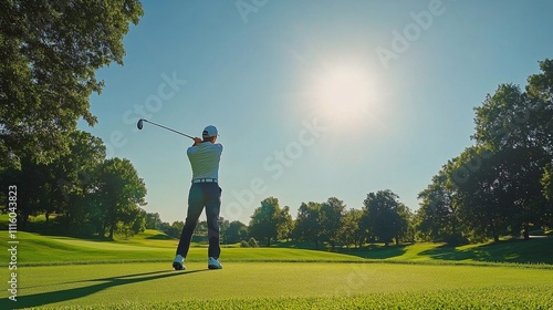 Golfer swings club on a vibrant green course during golden hour in sunny weather