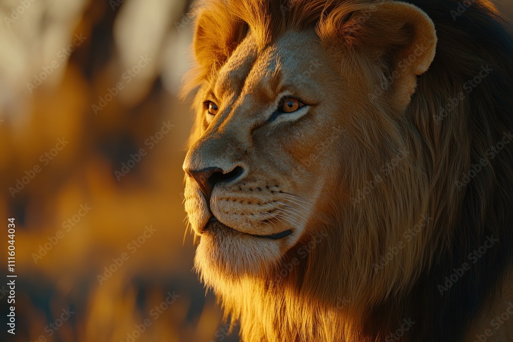 Fototapeta premium Majestic Lion Staring into the Distance with Serengeti Sunset in Background, Symbol of Strength and Grace Captured in Stunning Detail in Nature Setting