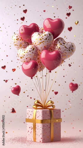 Colorful heart shaped balloons rising from a festive gift box for a joyful ce...