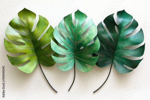 Colorful tropical leaves arranged in a decorative display on a white background