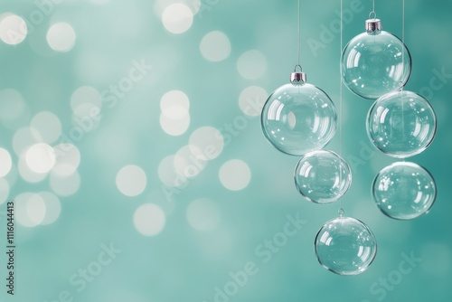 Hanging clear glass bubbles illuminated against a soft blue background