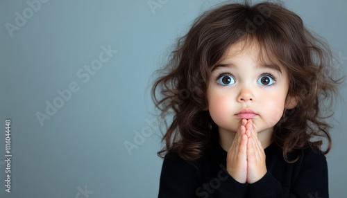 A young child with curly hair is showing a pleading expression with hands together