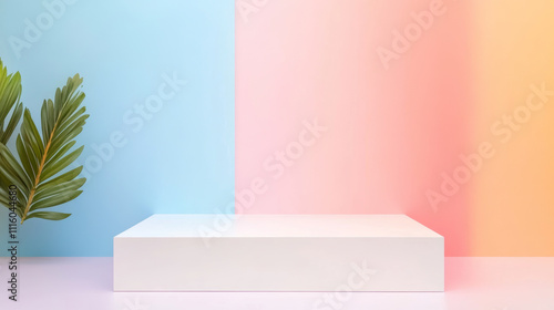A minimalist display featuring white pedestal against vibrant pastel background of blue and pink, complemented by green plant, creates fresh and inviting atmosphere