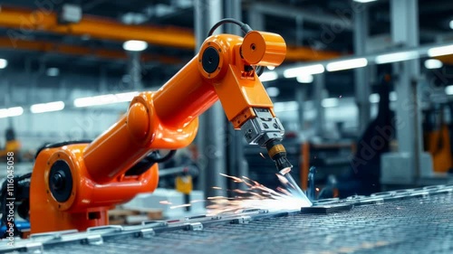 An industrial robotic arm in action, performing a welding or cutting operation in a factory environment. The orange robotic arm emits sparks, showcasing the precision and technology in modern manufact photo