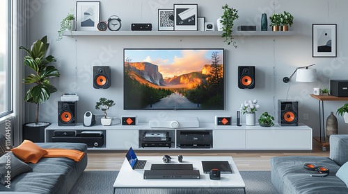 Stylish living room featuring an orange accent wall, a flat-screen TV, speakers, indoor plants, cozy sofas, and decor elements.
