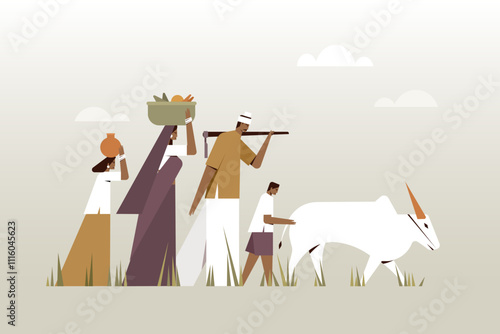 Illustration of an Indian farmer family walking along with a bullock in a farm