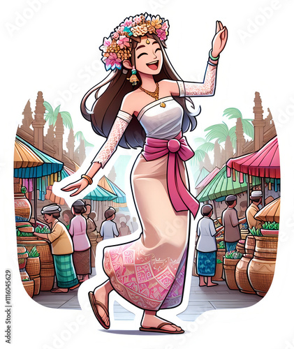 Illustration Adorable Girl Dancing with Joy in Bali Lively Market photo